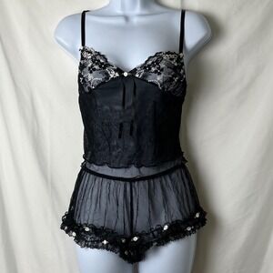 Vintage Malini Black Lace Floral Mesh Babydoll Lingerie Set Medium